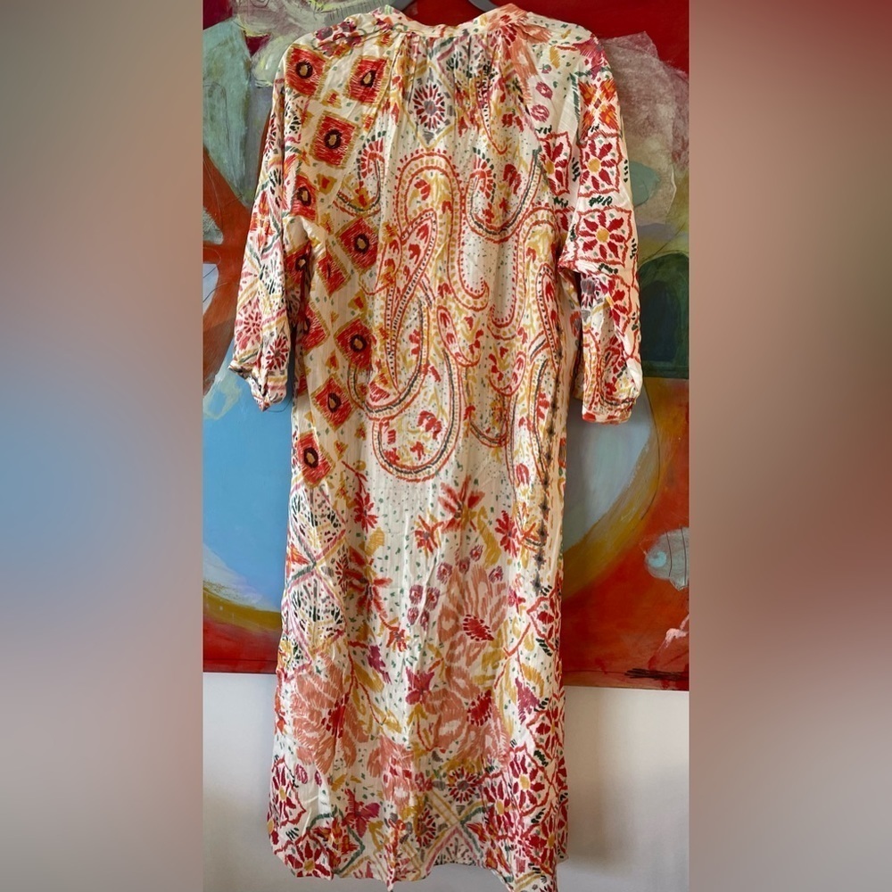 ZARA Dress Size Small Multicolor Metallic Bright Printed Midi Balloon Sleeves - Picture 2 of 6